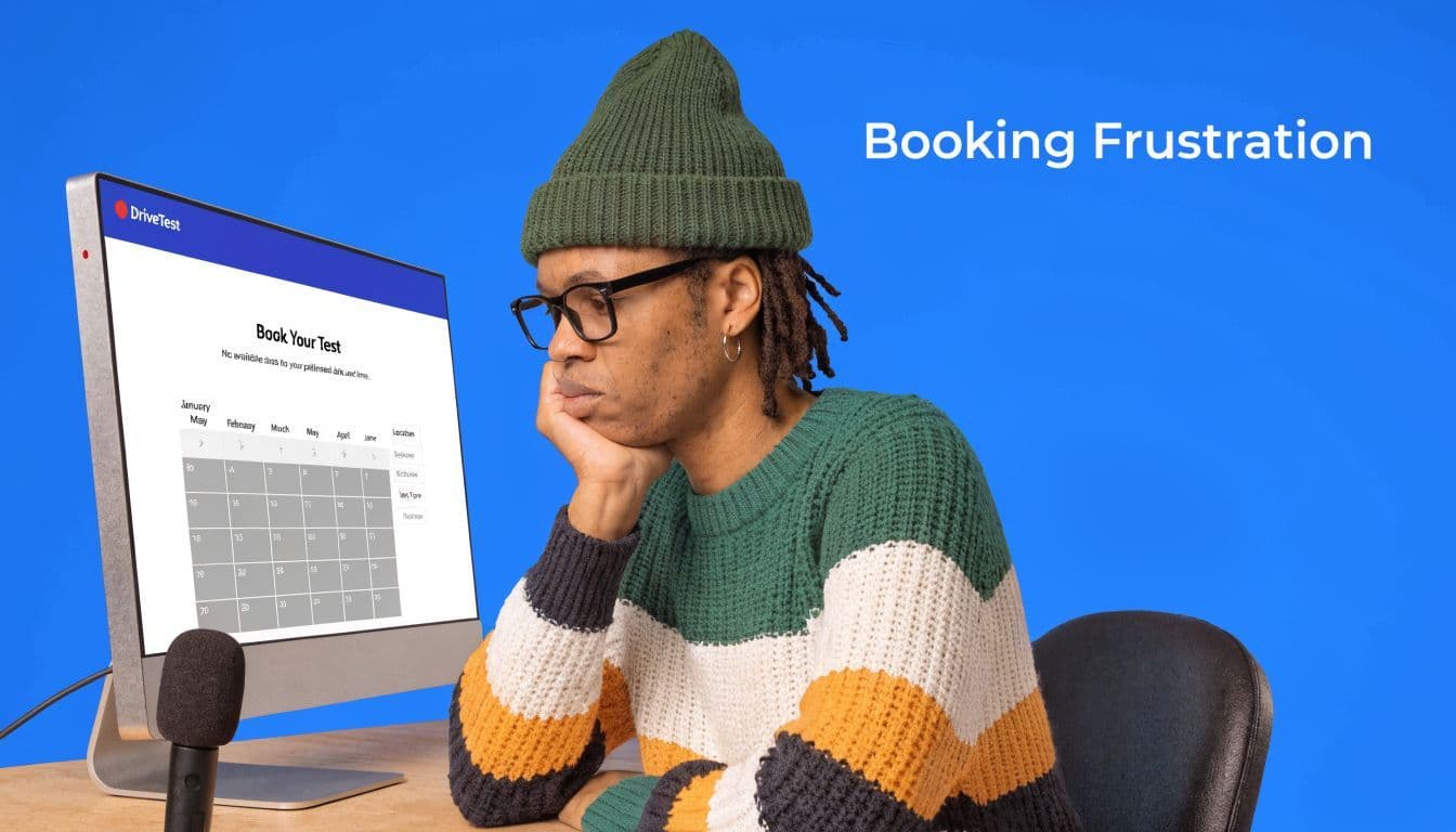 A frustrated person looking at a computer screen showing no available dates for a driving test booking.