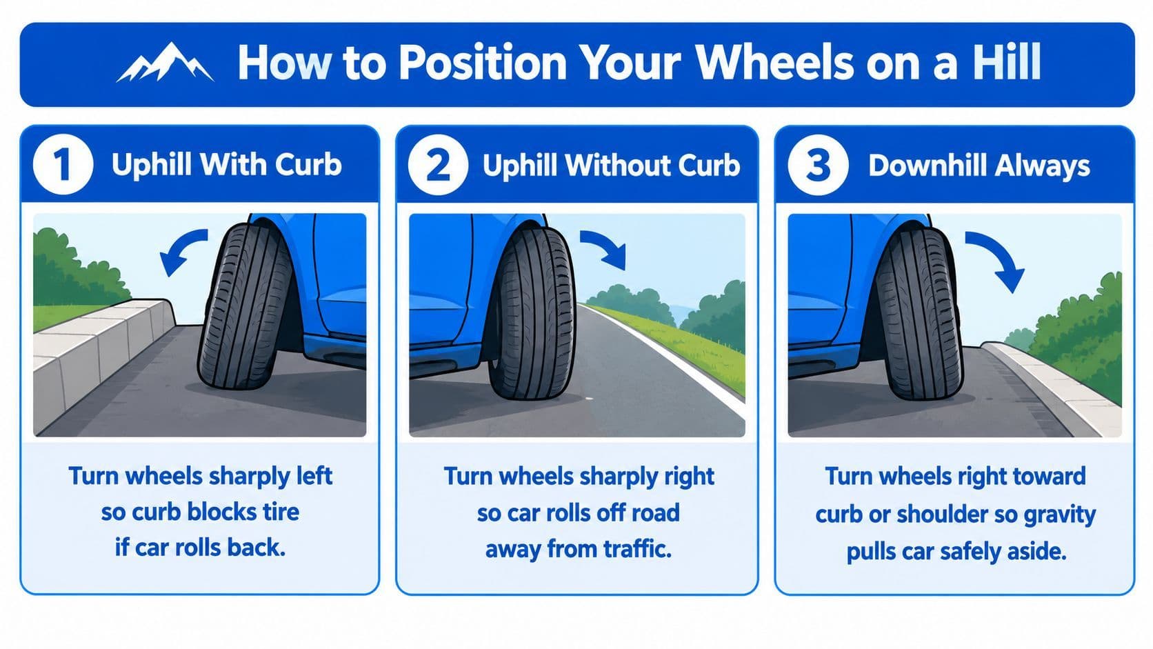 An infographic illustrating how to properly position vehicle wheels when parking on hills with or without curbs.