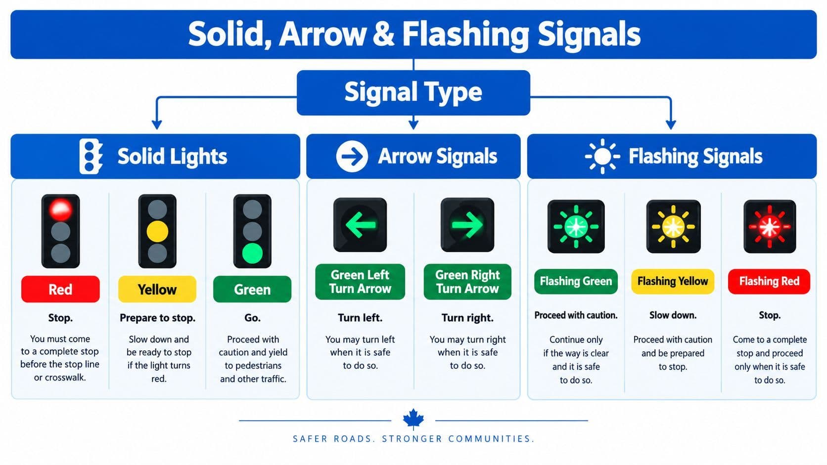 An educational chart explaining the meanings of solid, arrow, and flashing traffic light signals in Canada.