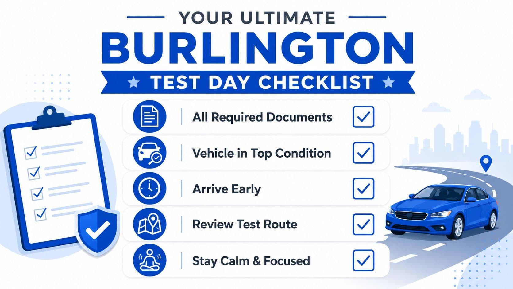 A driving test checklist for Burlington, featuring key preparation tips for students on a test day.