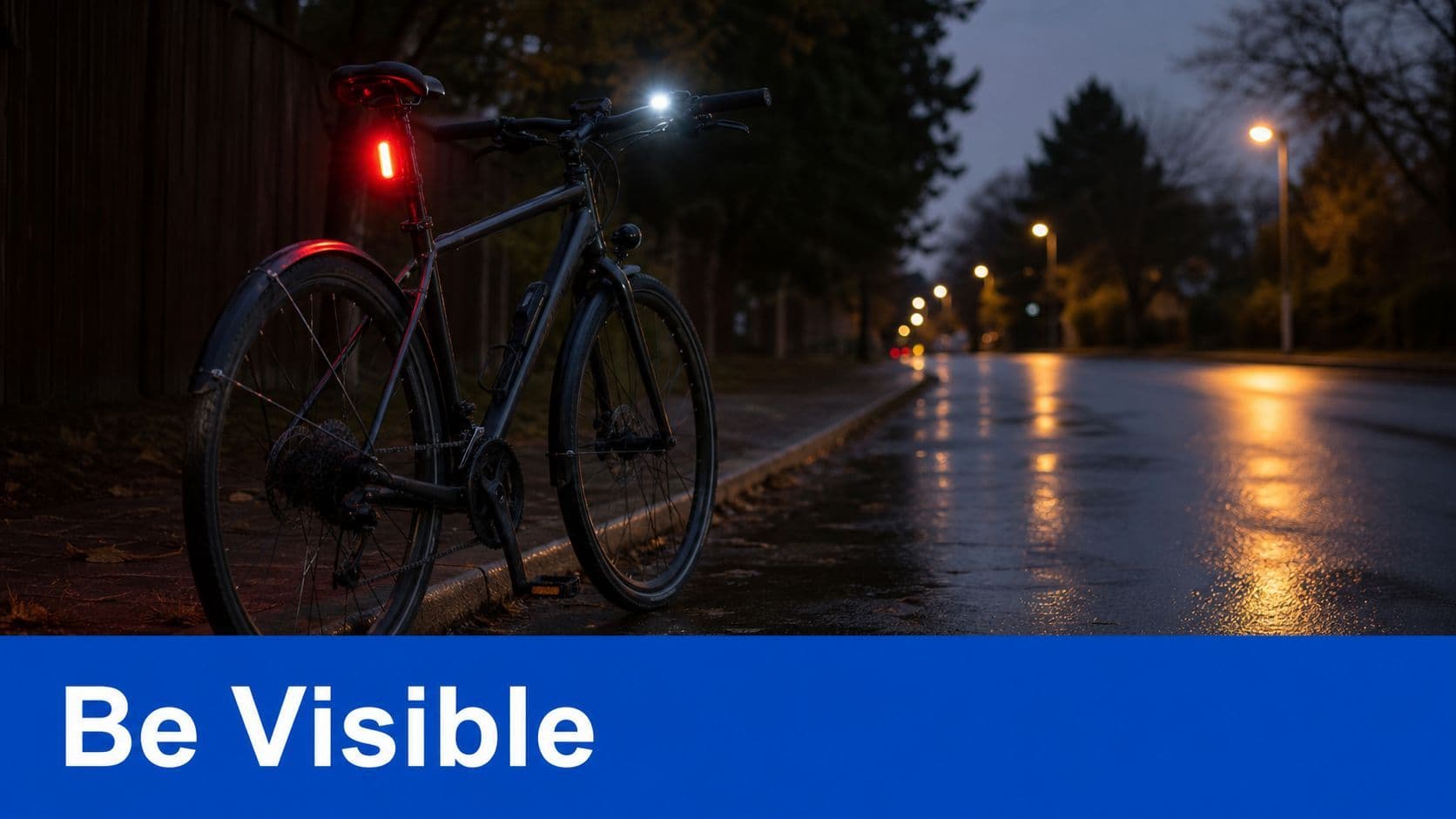 A black bicycle parked on a rainy street at dusk with its front and rear lights illuminated.