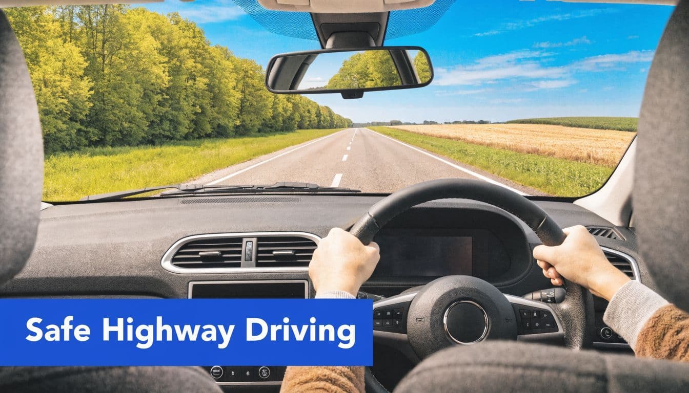 A first-person view from inside a car driving along a scenic highway on a sunny day.