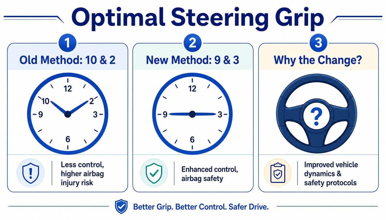 A graphic showing the transition from 10 and 2 to 9 and 3 steering wheel hand positions.
