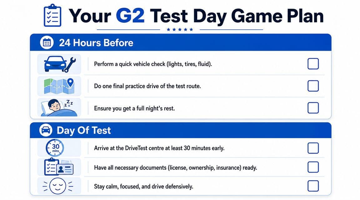 A checklist infographic titled Your G2 Test Day Game Plan outlining preparation tips for driving tests.