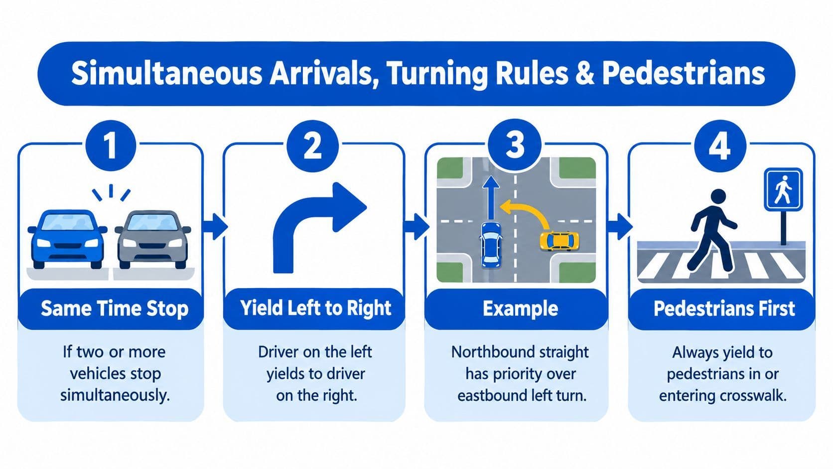 An infographic detailing four-way stop rules including simultaneous arrivals, right-of-way, and pedestrian safety in Ontario.