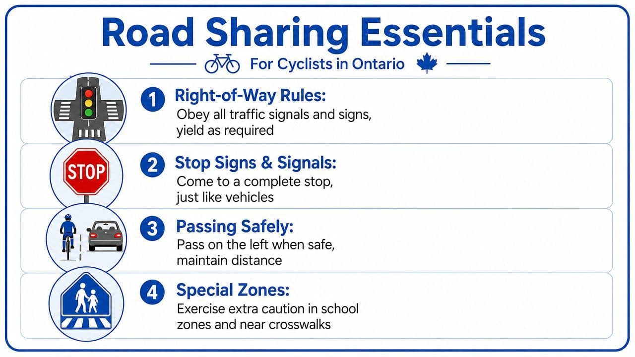 An infographic titled Road Sharing Essentials for Cyclists in Ontario, listing four key safety traffic rules.