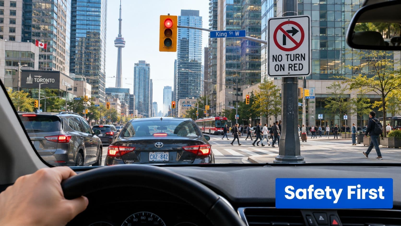 A driver's perspective of a busy city street in Toronto with a no turn on red sign.