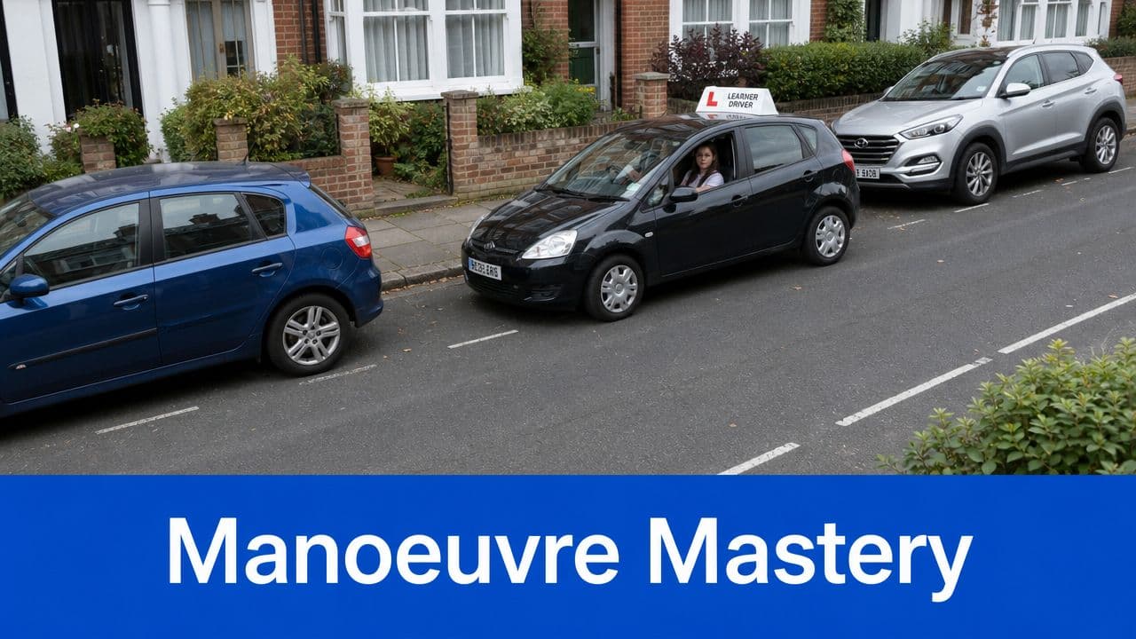 A driving instructor student performs a reverse parallel parking maneuver between two cars on a suburban street.