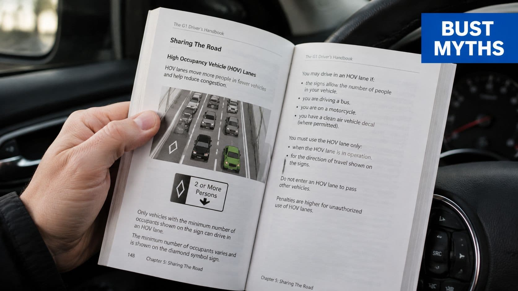 A person holding an open Ontario G1 Driver's Handbook explaining High Occupancy Vehicle lane rules.