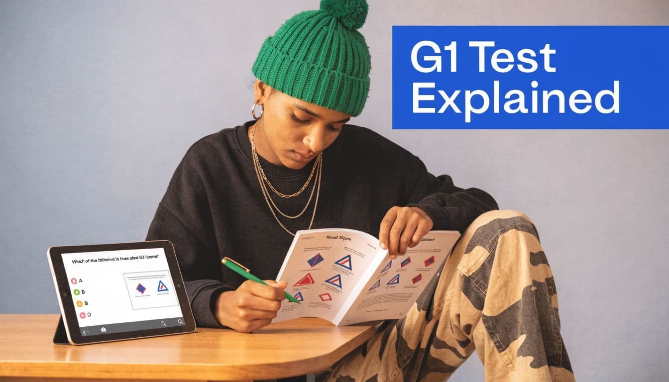 A person studying for the G1 driver's license test using a practice app on a tablet.