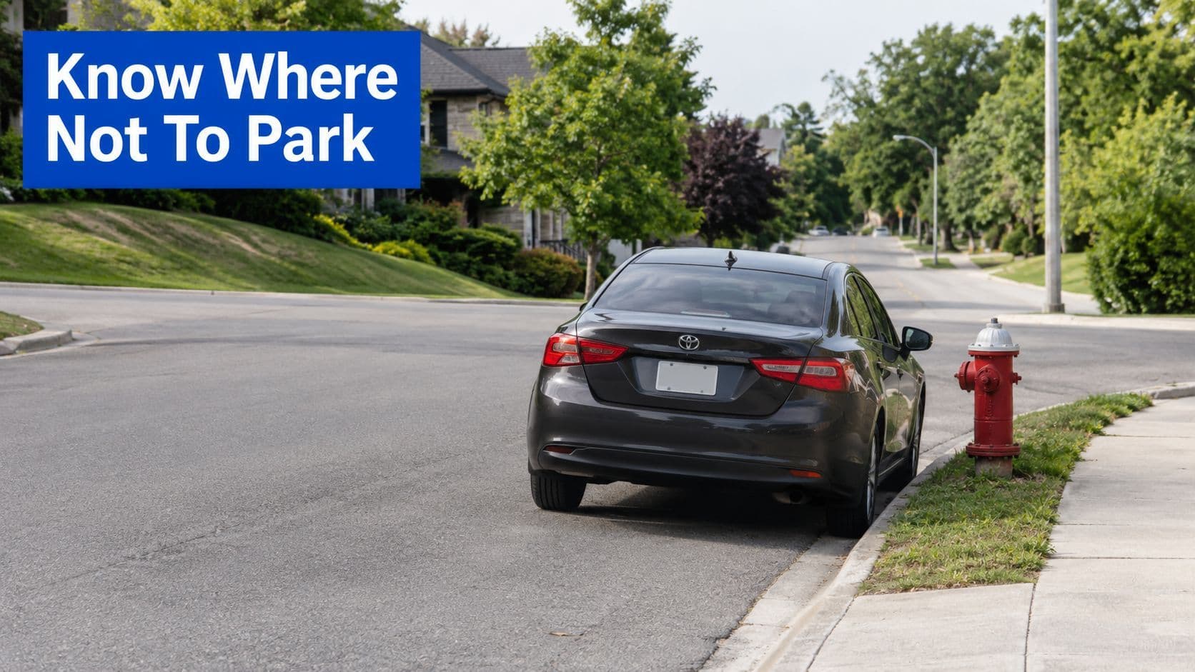 A gray Toyota sedan parked on a residential street directly in front of a red fire hydrant.