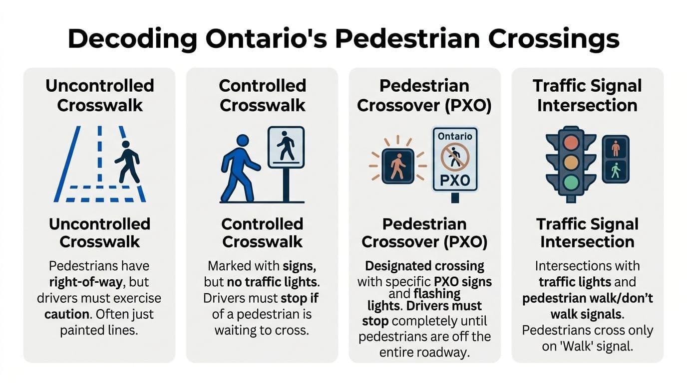 An infographic detailing four different types of pedestrian crossing rules in Ontario, Canada.