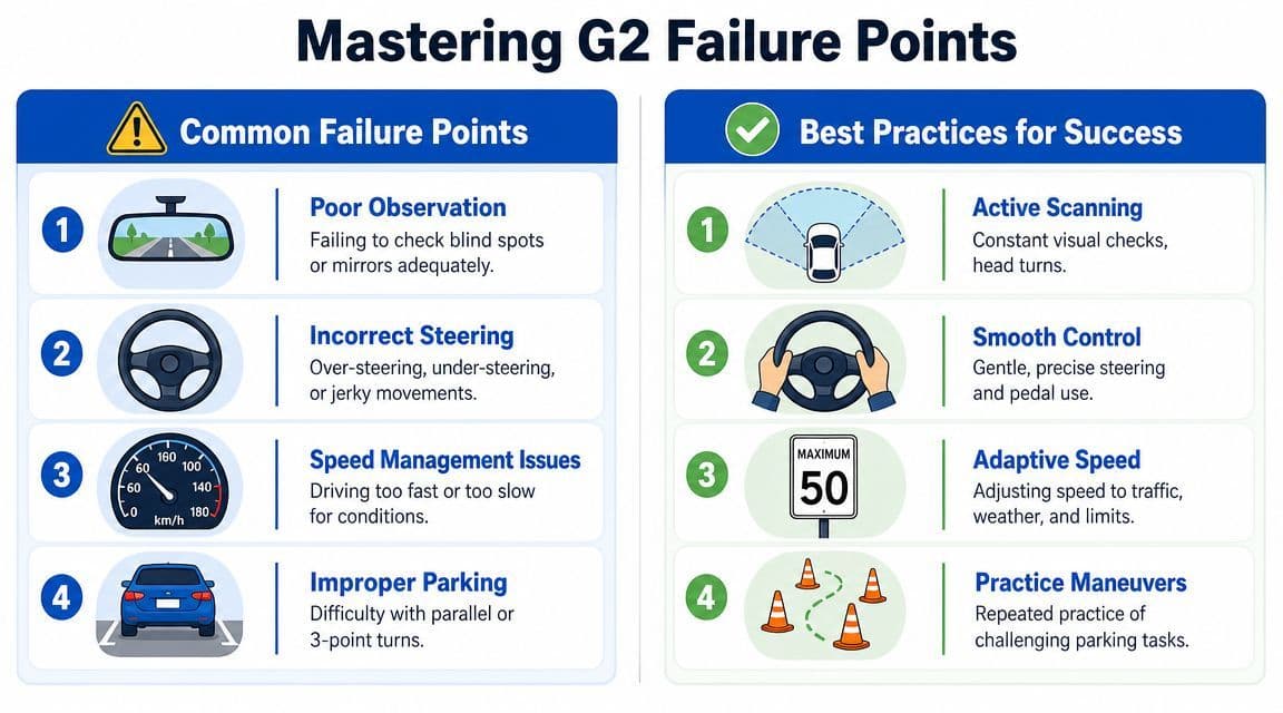 An educational infographic outlining common G2 driving test failure points and corresponding best practices for success.