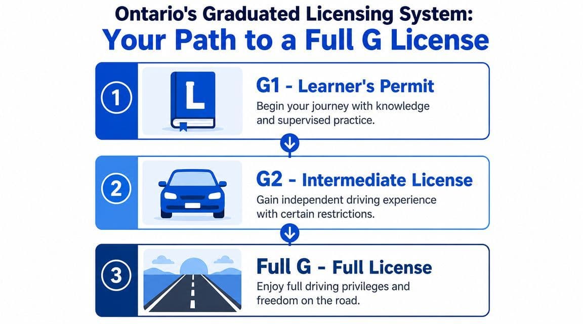 A diagram outlining the three stages of Ontario's Graduated Licensing System for obtaining a driver's license.