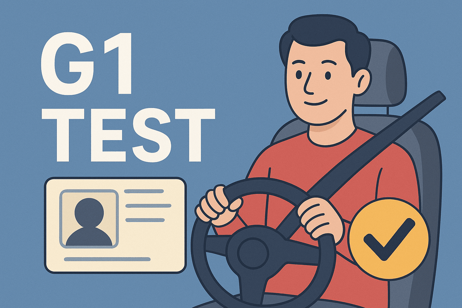 Illustration of a driver holding a steering wheel with an Ontario-style license card beside them, representing the G1 test process.