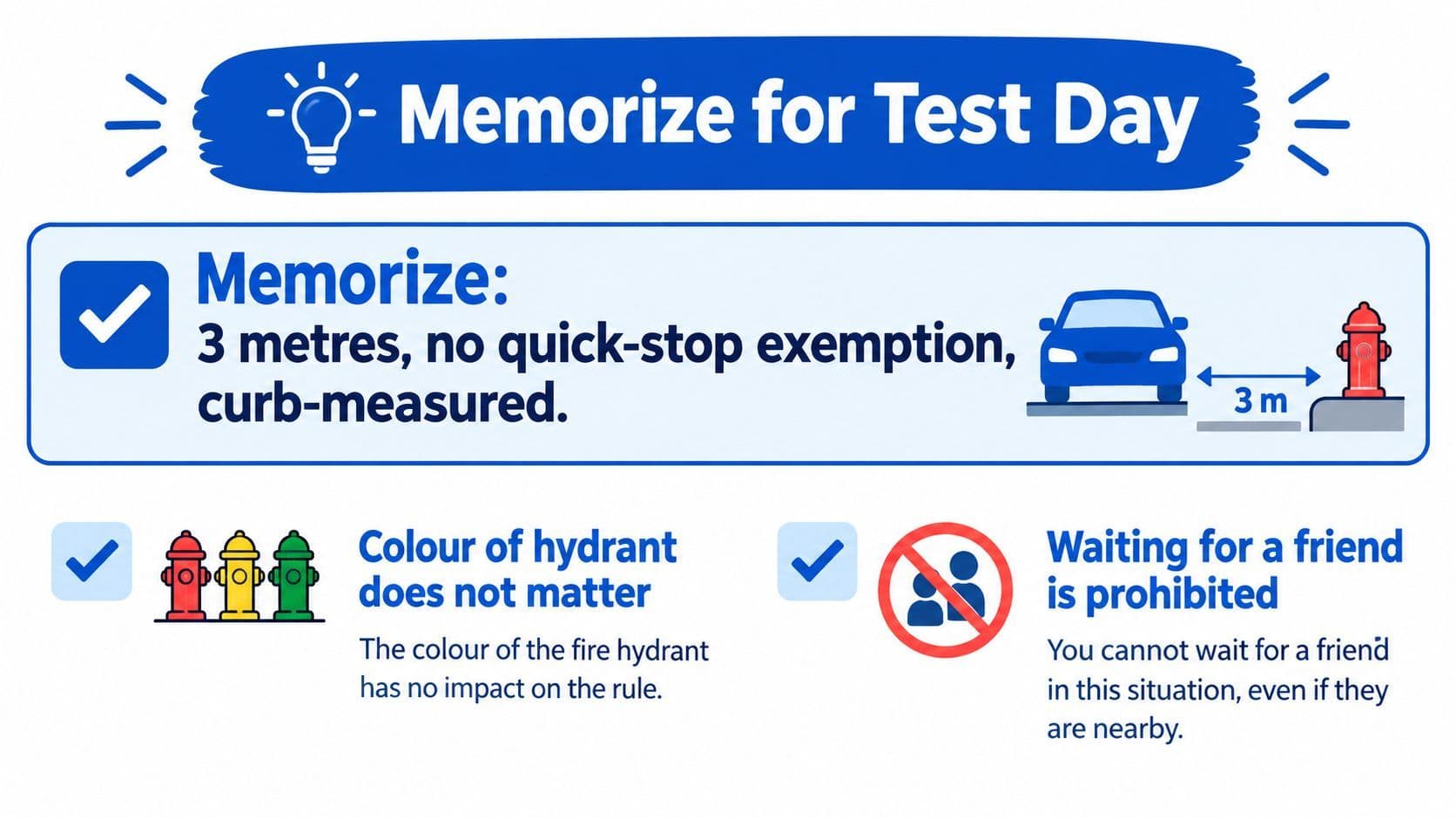 An educational infographic explaining the three-meter parking restriction rule near fire hydrants for driving tests.