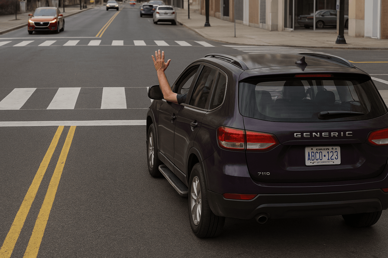 A realistic photo of a maroon Honda CR-V stopped at a pedestrian crosswalk on an empty urban street. The driver has their left arm extended out of the window, waving. The car displays an Ontario license plate reading "CKFG 217". The background features several modern buildings with large windows and beige facades, and a few cars driving in the opposite direction. The atmosphere is calm, with soft daylight and no visible pedestrians.