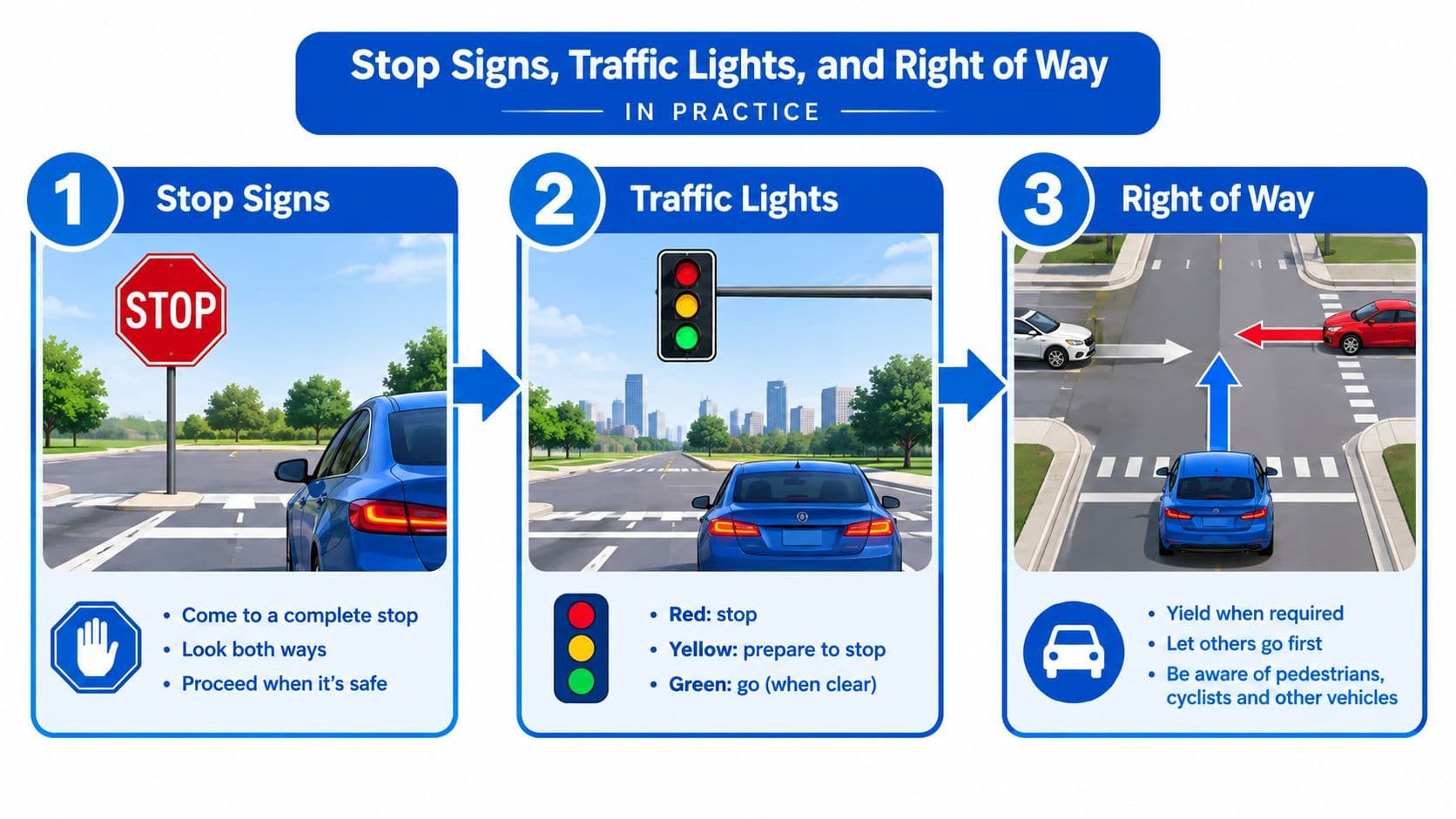An educational infographic explaining the basic rules for stop signs, traffic lights, and right of way procedures.