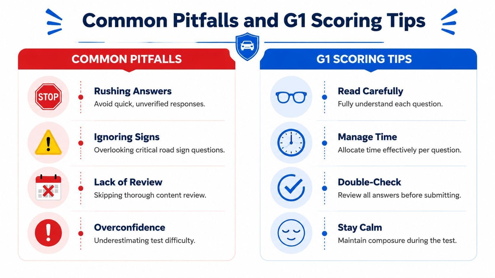 A guide infographic outlining common G1 driving test pitfalls and helpful scoring tips for test takers.