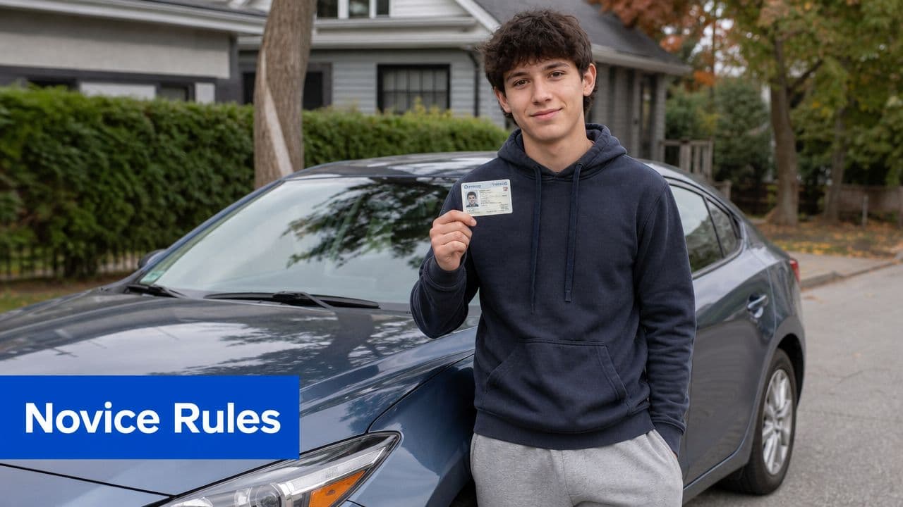 A young man standing next to his car while holding up his new driver's license proudly.