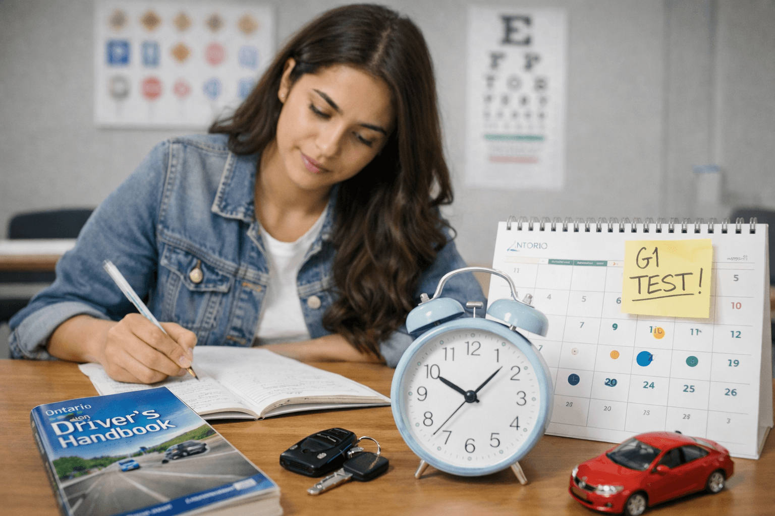 Woman studying Ontario G1 test with calendar and alarm clock showing G1 test study timeline and when to start preparing