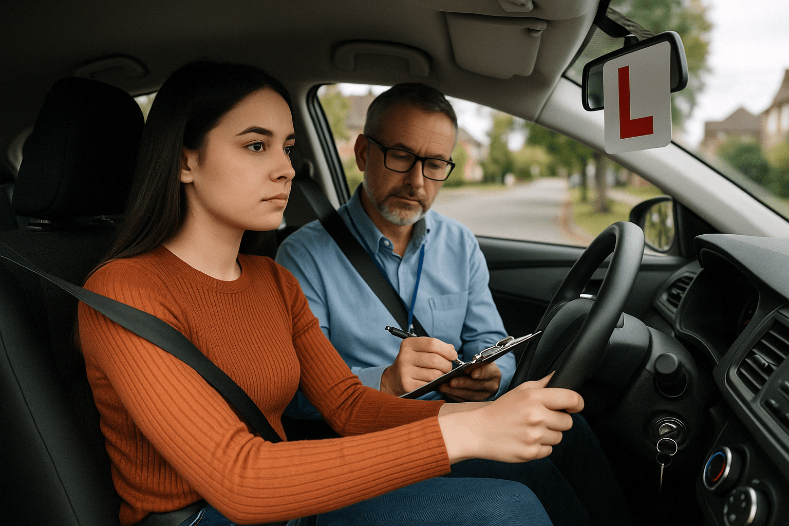 Learner driver gripping steering wheel during Ontario G1 driving test in modern car with examiner and ‘L’ sign visible
