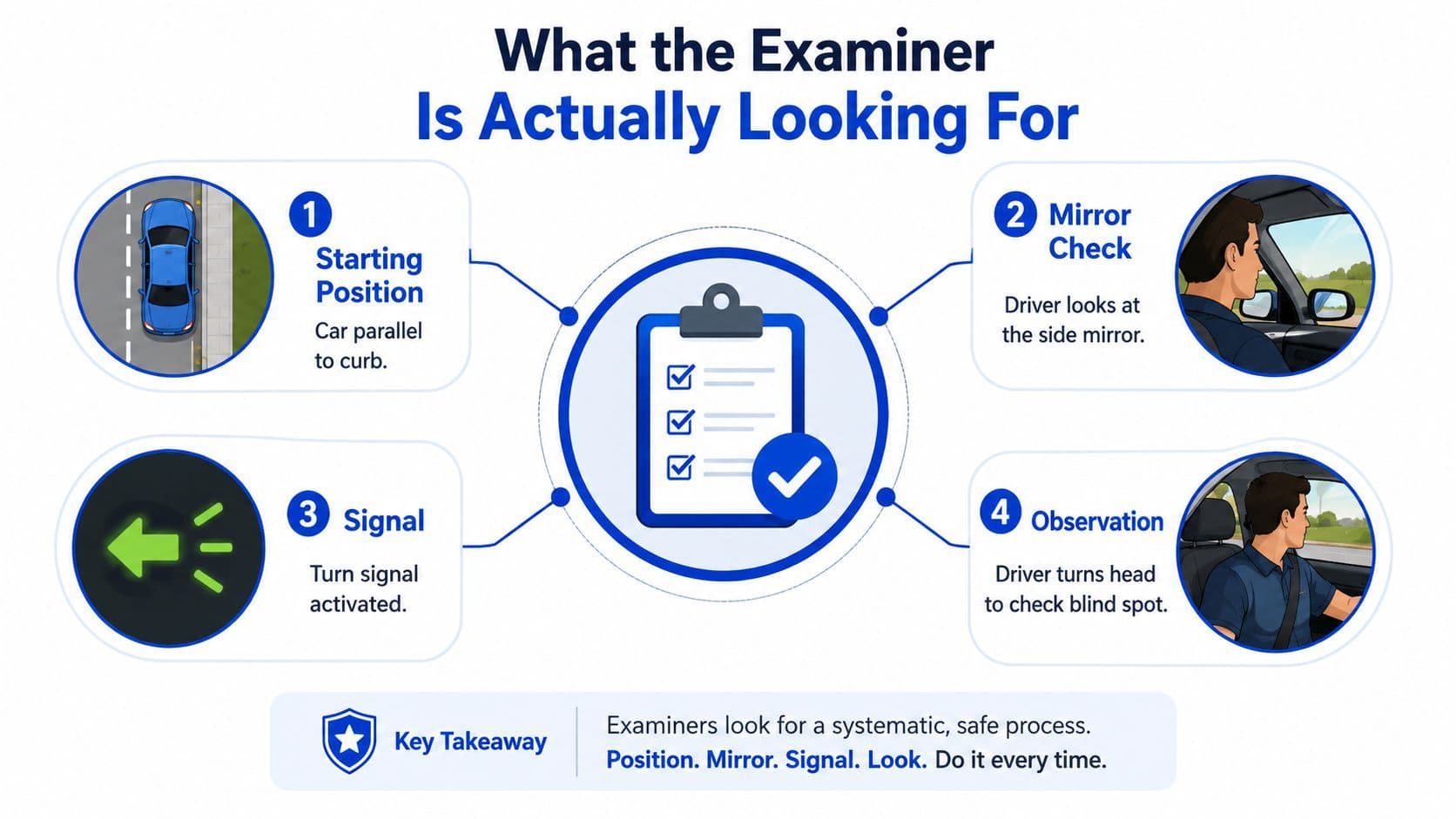 An infographic showing the four essential steps for safe parallel parking on a driving test.