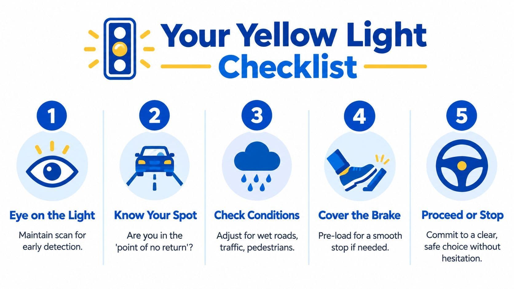 An educational infographic outlining a five-step safety checklist for drivers approaching a yellow traffic light.