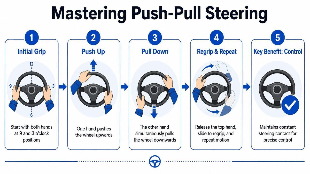 A five-step infographic illustrating the proper push-pull steering technique for drivers to maintain vehicle control.