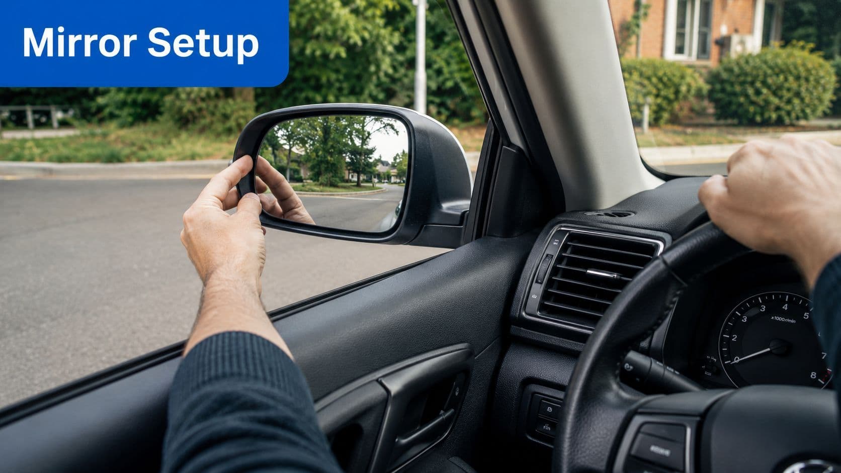 A driver adjusting the side mirror of a car while holding the steering wheel for proper visibility.