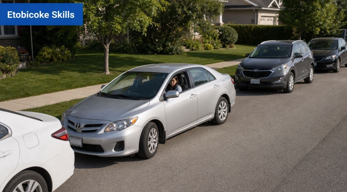 A student driver practicing parallel parking a silver sedan during a driving test in a residential neighborhood.