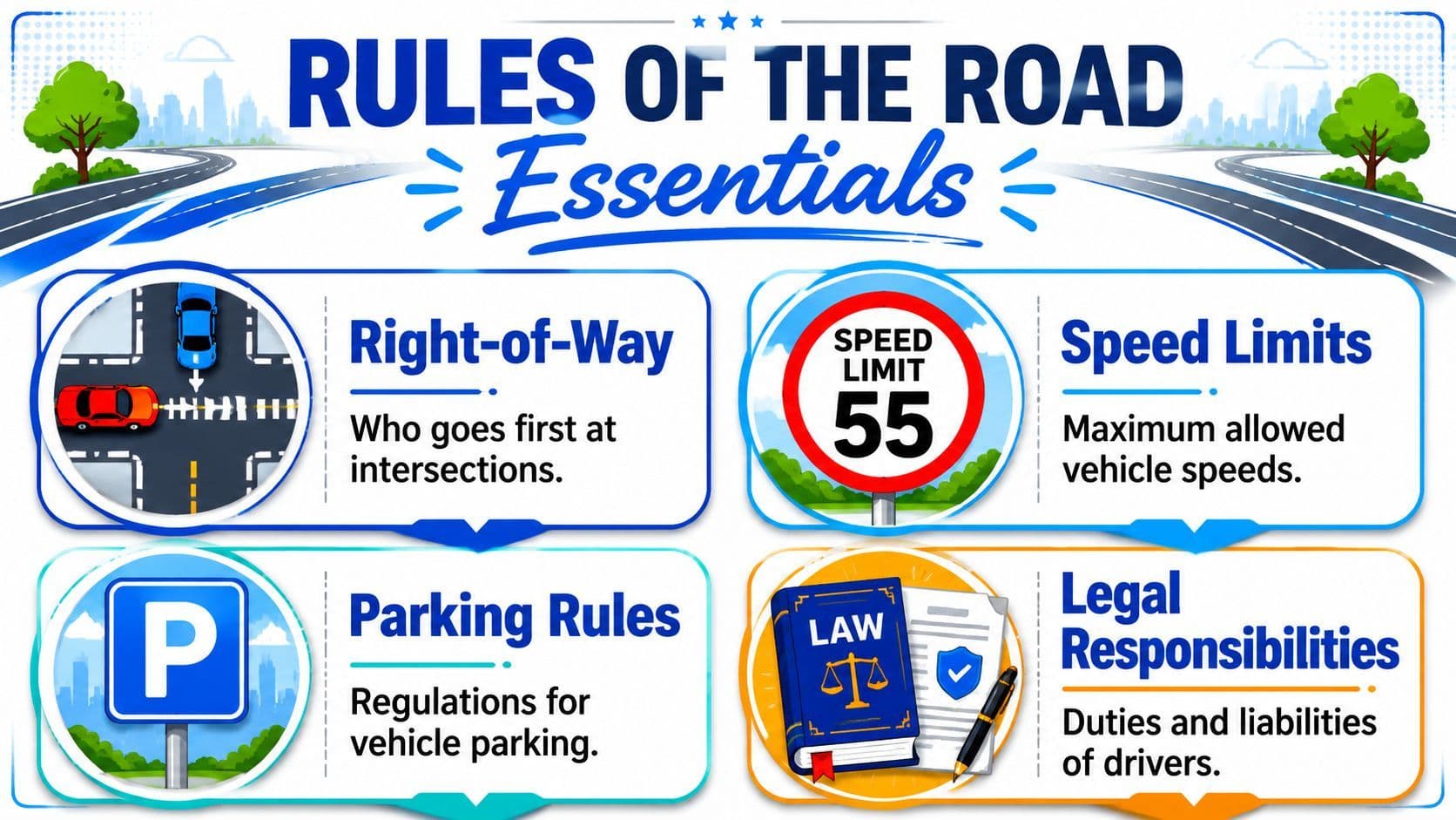 An infographic titled Rules of the Road Essentials explaining traffic signs, right-of-way, parking, and legal responsibilities.