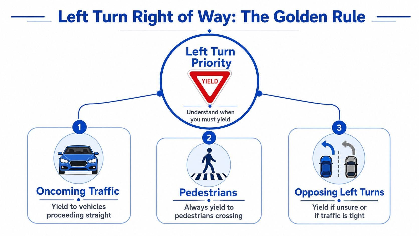 An infographic showing the golden rule of yielding for vehicles making a left turn at intersections.