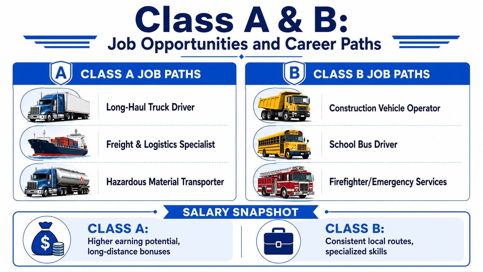 An infographic comparing Class A and Class B job opportunities and career paths for drivers.