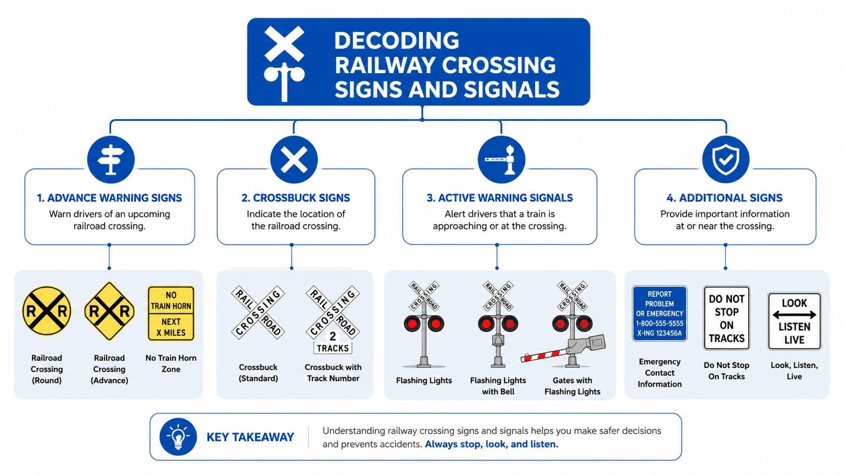 An infographic explaining various types of railway crossing signs, signals, and their meanings for driver safety.