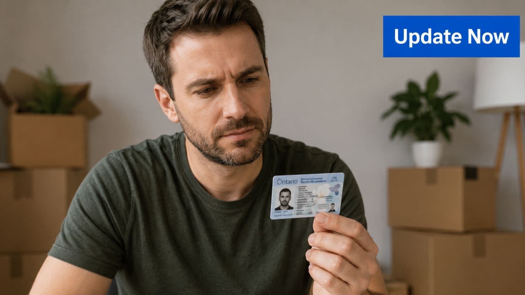 A man in a green t-shirt examining his Ontario driver's license amidst cardboard moving boxes.