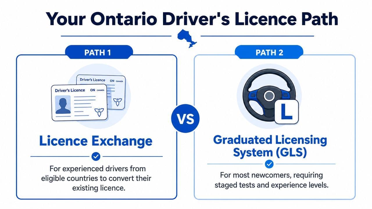 A visual guide comparing Ontario's driver's licence paths, showing licence exchange for experienced drivers versus the graduated licensing system.