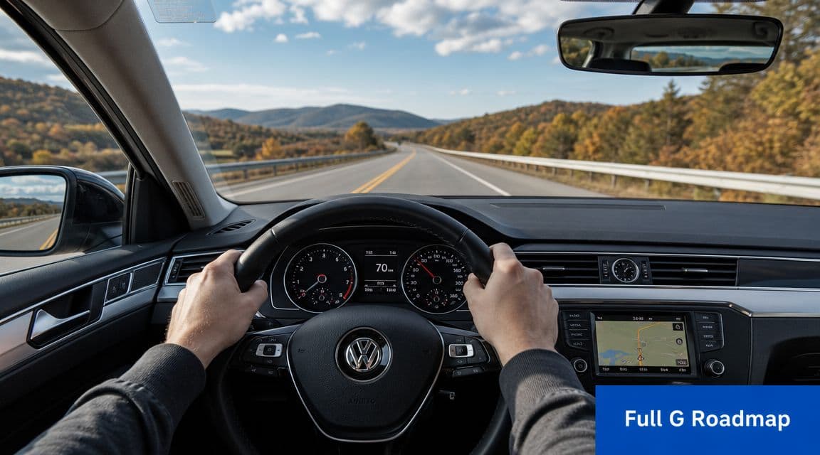 A driver's perspective from inside a Volkswagen steering along a scenic highway on a sunny day.