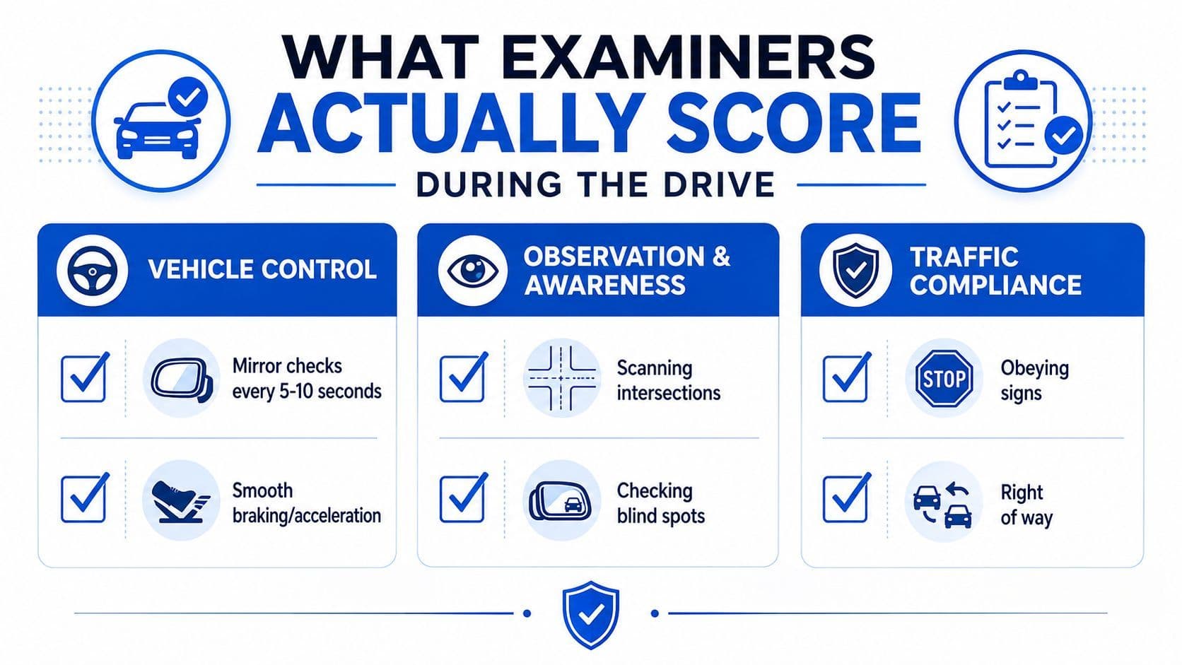 An infographic showing key criteria examiners evaluate during a driving test for vehicle control, observation, and traffic compliance.