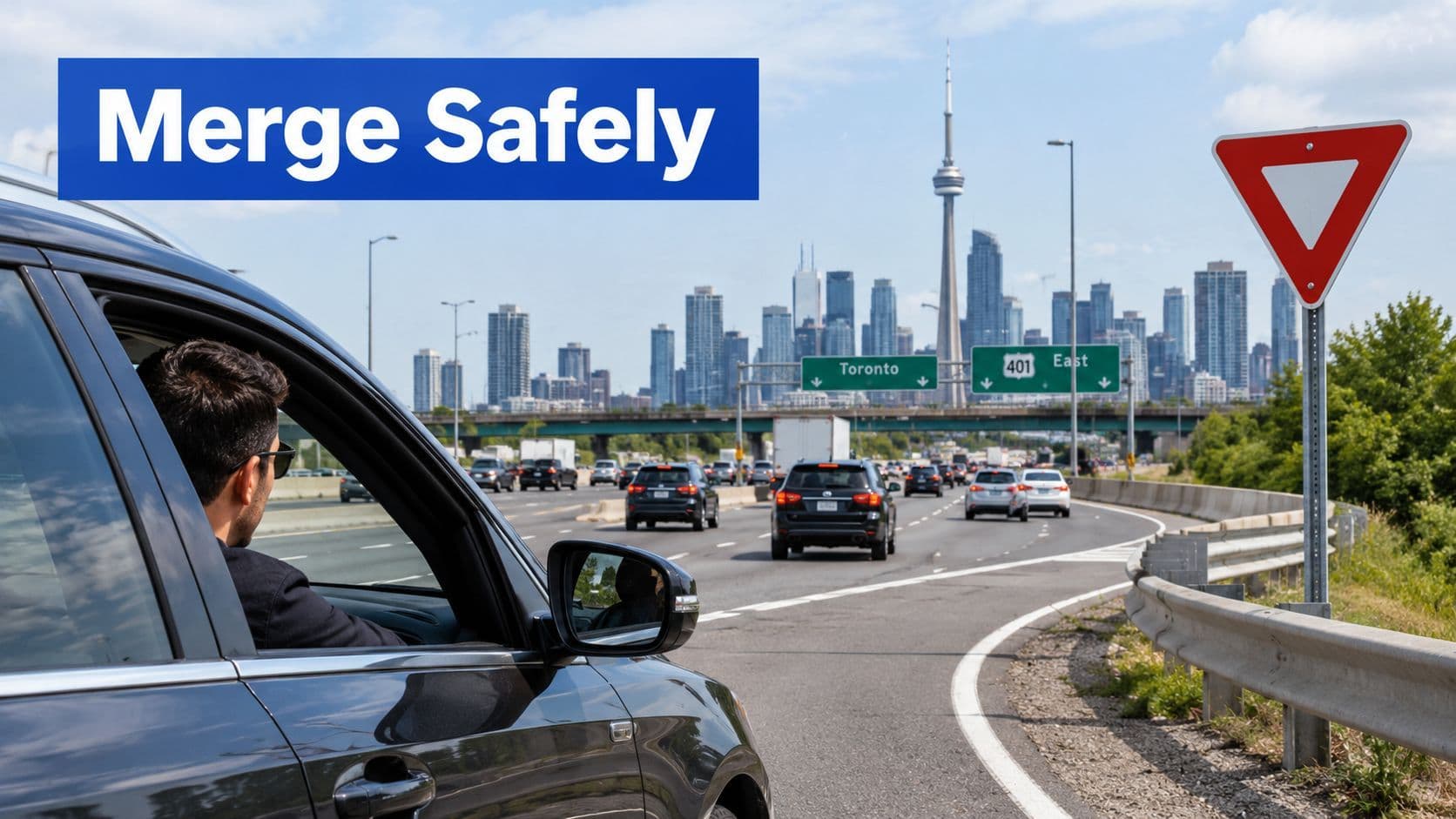 A driver looks over their shoulder while merging onto a busy highway with Toronto city skyline in background.