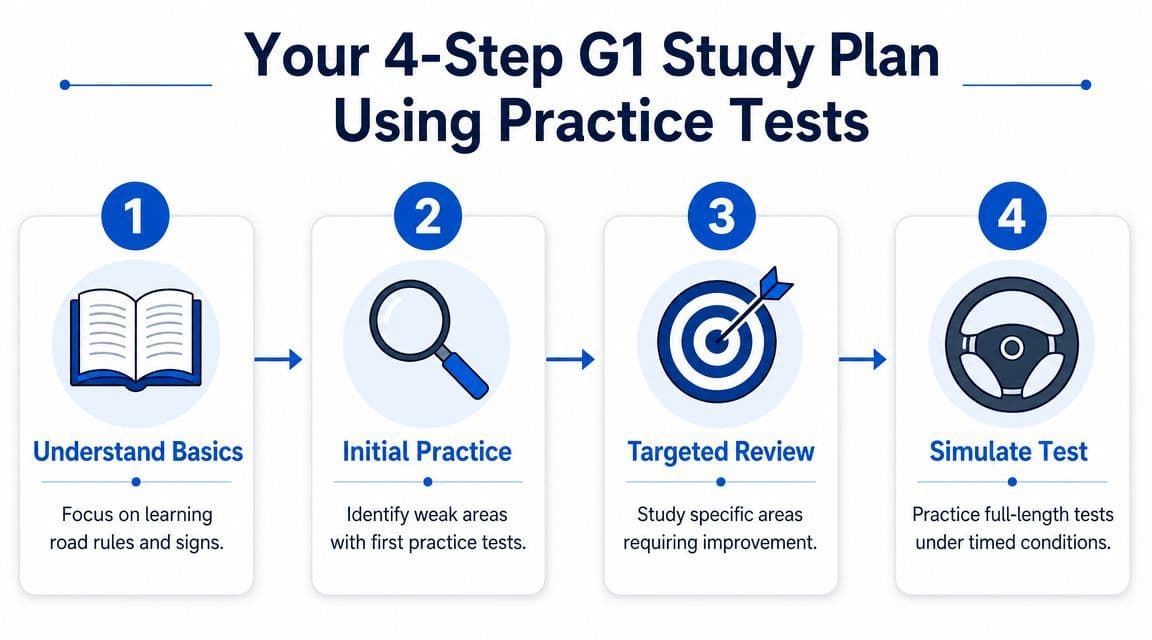 A 4-step G1 study plan infographic using practice tests to help prepare for driving license exams.