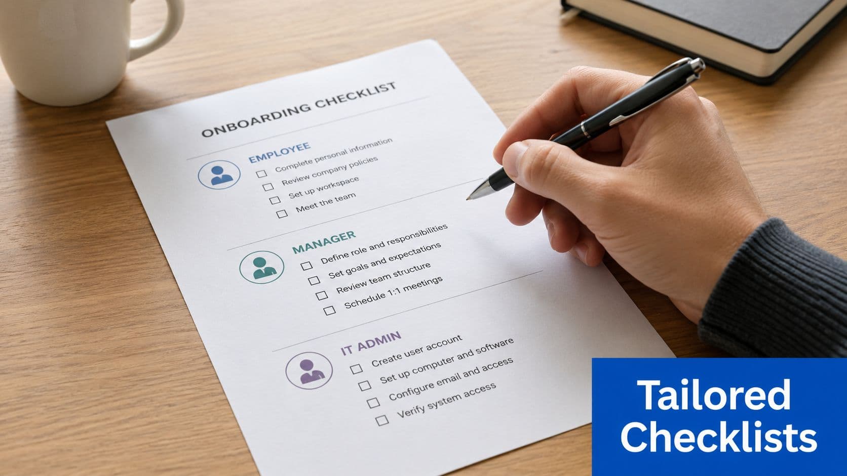A person filling out a professional employee onboarding checklist document on a wooden office desk.