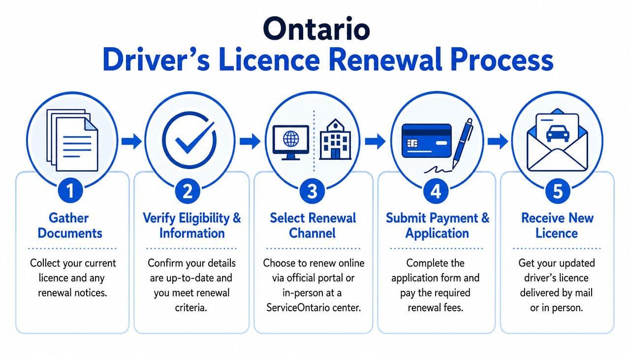 A five-step infographic showing the Ontario driver's licence renewal process from gathering documents to receiving the licence.