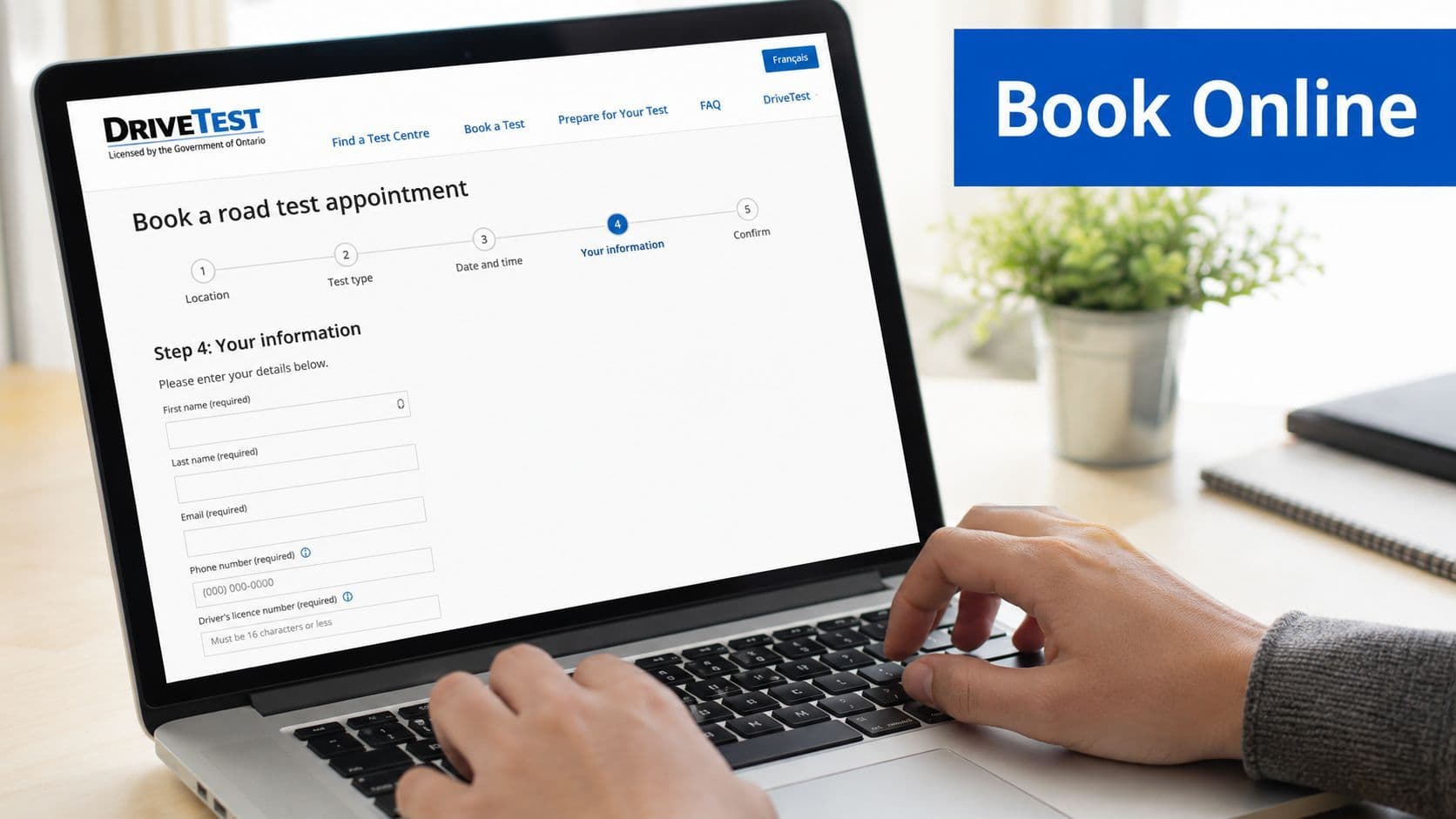 A person filling out personal information on the DriveTest Ontario online road test appointment booking website.