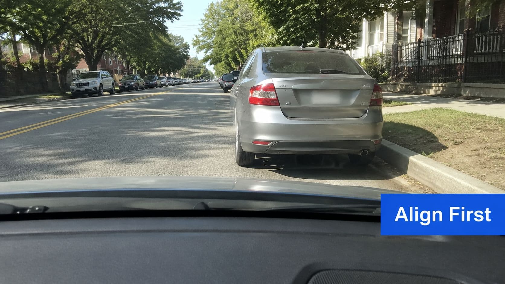 A view from inside a car showing the correct distance for parallel parking next to a vehicle.
