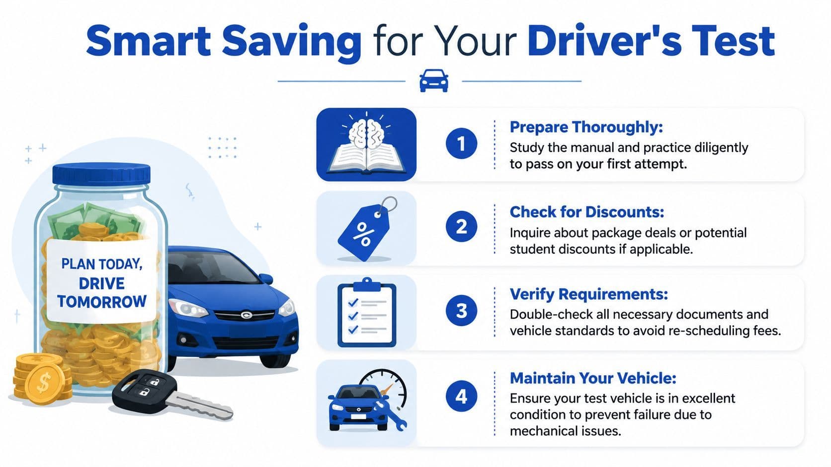 An infographic titled Smart Saving for Your Driver's Test showing four steps to save money on licensing.