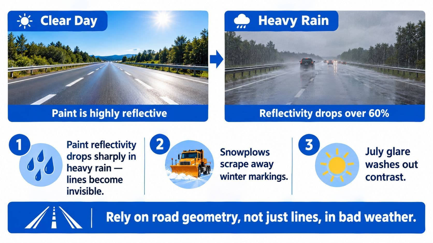 An infographic showing how rain, snowplows, and glare reduce road marking visibility, emphasizing relying on road geometry.