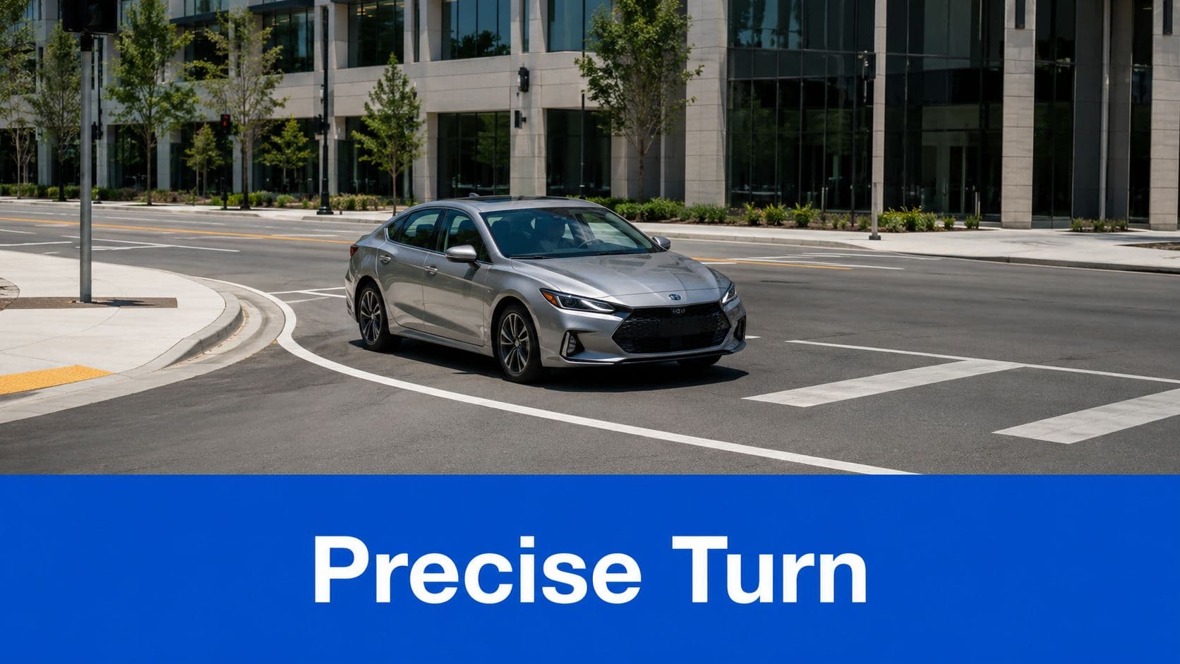 A silver car executing a controlled left turn at a modern urban intersection during the day.
