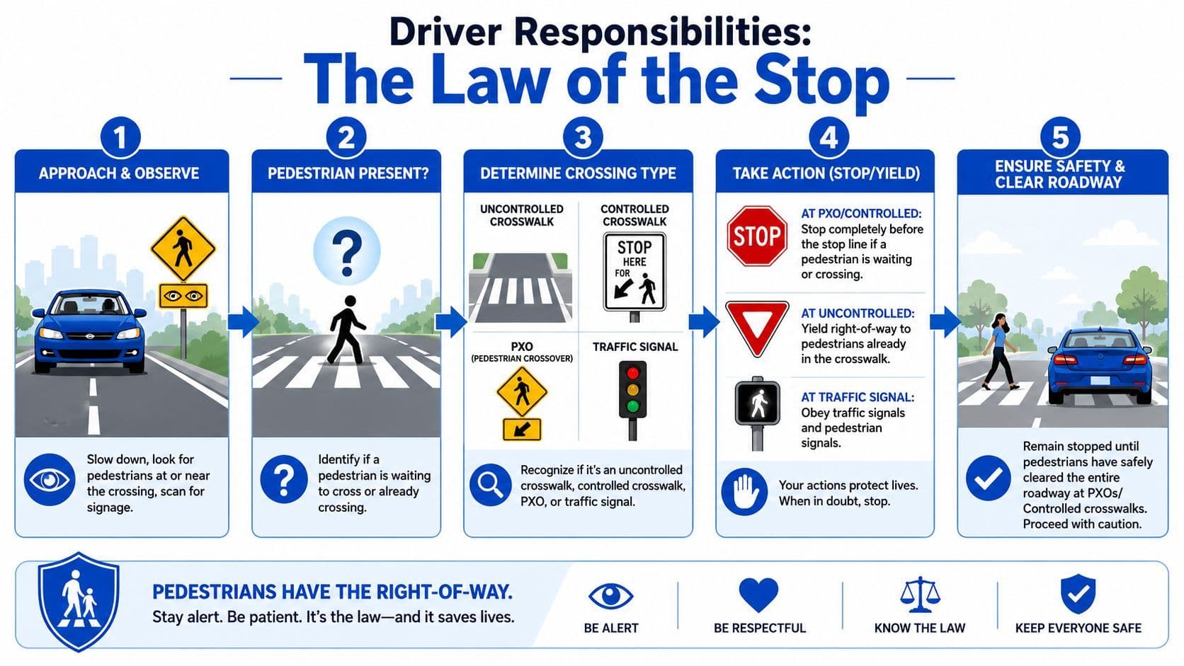 An infographic titled The Law of the Stop detailing five steps for drivers regarding pedestrian crossing safety.