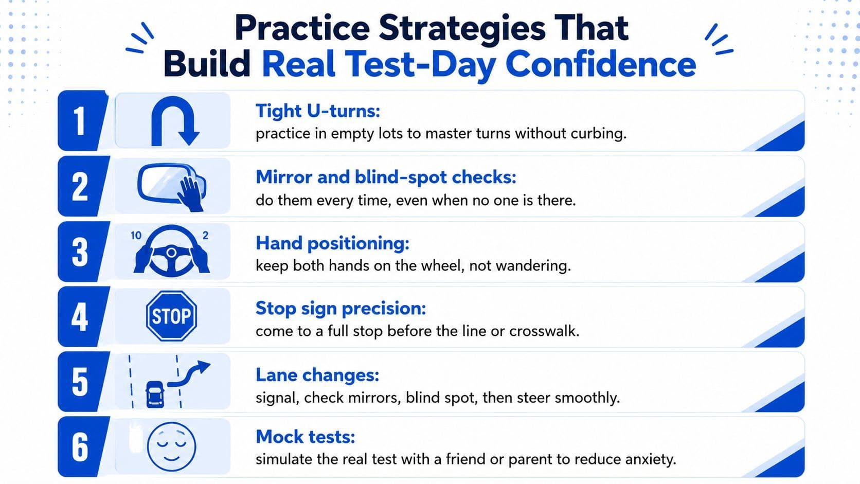 An infographic titled Practice Strategies That Build Real Test-Day Confidence, outlining six driving tips for test preparation.